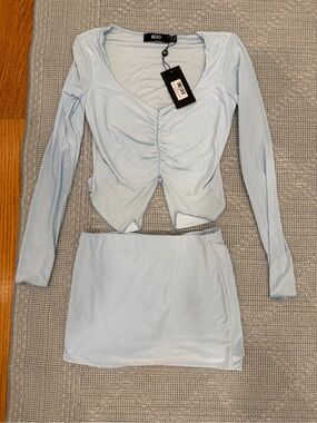 EGO Pale Blue Ruched Long Sleeve Mini Skirt Set